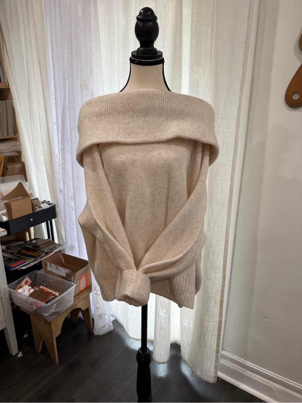 Off-Shoulder Cream Cashmere-Blend Women's Sweater